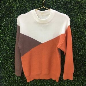 Colorblock Sweater - White, Brown, and Orange